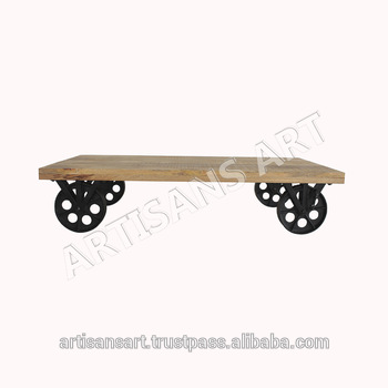 Solid Mango Wood + Metal Iron Luggage Cart Coffee Table