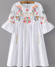 Bell Sleeve Flower Embroidery Dress