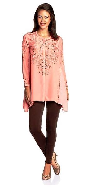 Polyster Ladies Short Kurta, Feature : Anti-Wrinkle, Comfortable, Dry Cleaning, Easily Washable, Embroidered