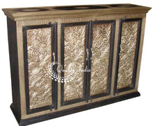 Brass and Wooden Four Doors Storage Cabinet