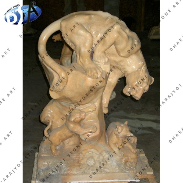 Beige Sandstone Baby Tiger And Fox Statue
