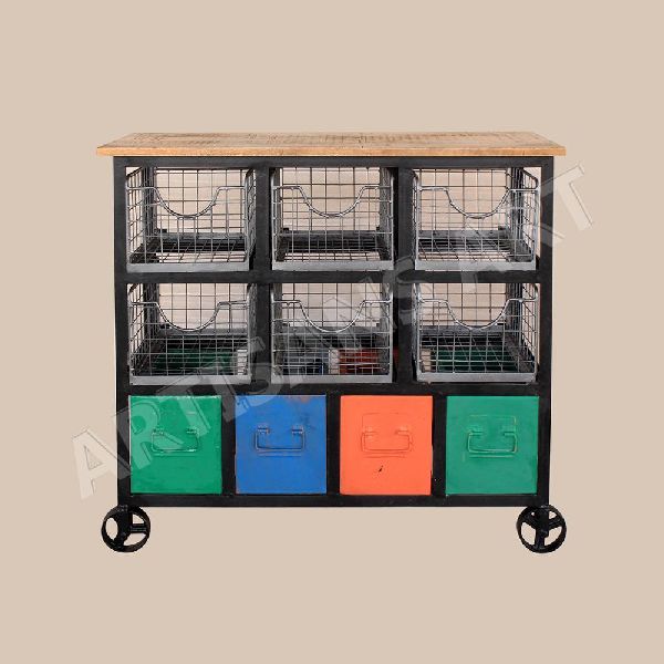 Mango Wood + Metal Iron Storage Bucket Cabinet, for Customized, Feature : Eco-Friendly, Stocked