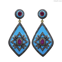 Ruby Gemstone Pave Diamond Enamel Diamond Earrings