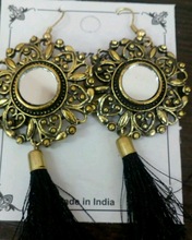 Brass Plated Mirror and Thread Tassel Earings