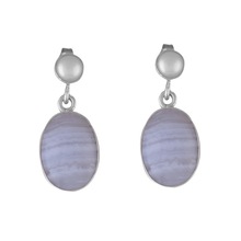 Blue lace agate oval shaped gemstone with pearl pure silver earring