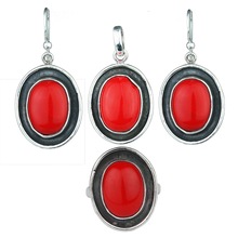 Coral gemstone ring earring jewelry set, Gender : Children's, Men's, Women's