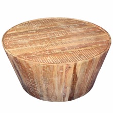 Drum Style Round Coffee Table, Color : Wood - Reclaimed Finish