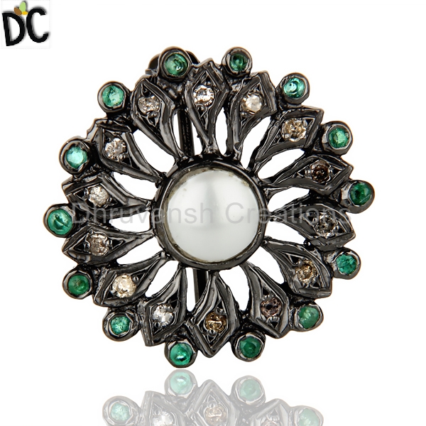 Emerald Gemstone Pave Diamond Brooch