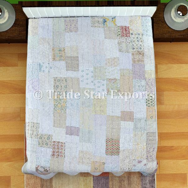Cotton Silk Patola Sarees Patchwork Bed Cover Kantha Quilt
