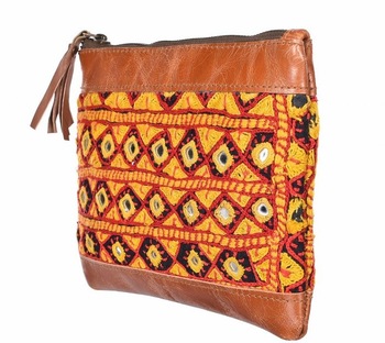 mirror work embroidery leather bag