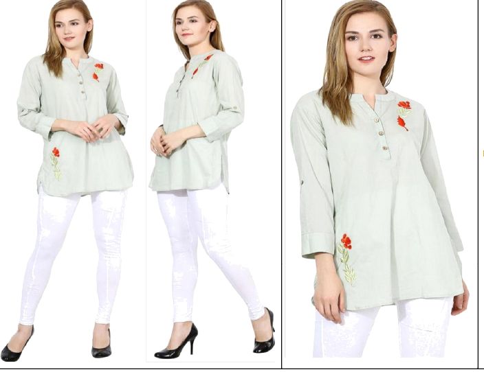 Cotton Light Green  Embroidered Long Tops
