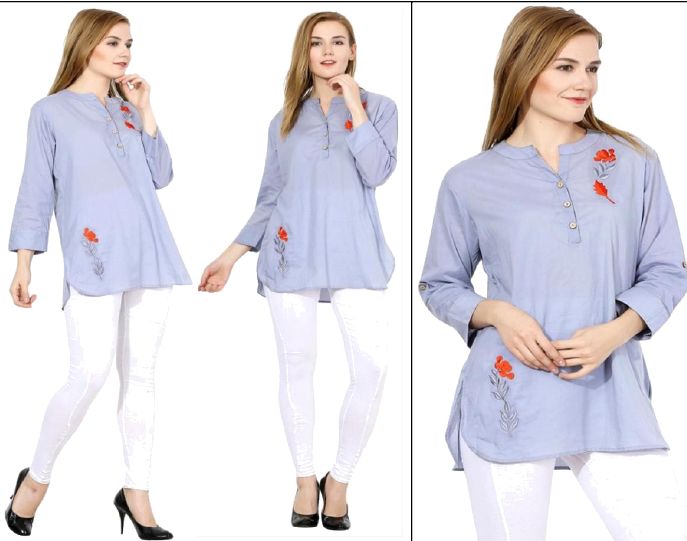 Cotton Light Grey Embroidered Long Tops, for Casual, Size : XL