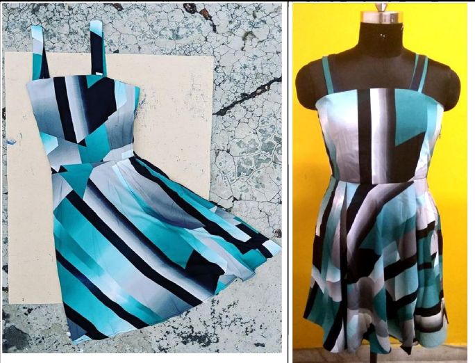 Crepe Blue & Black Printed Dress