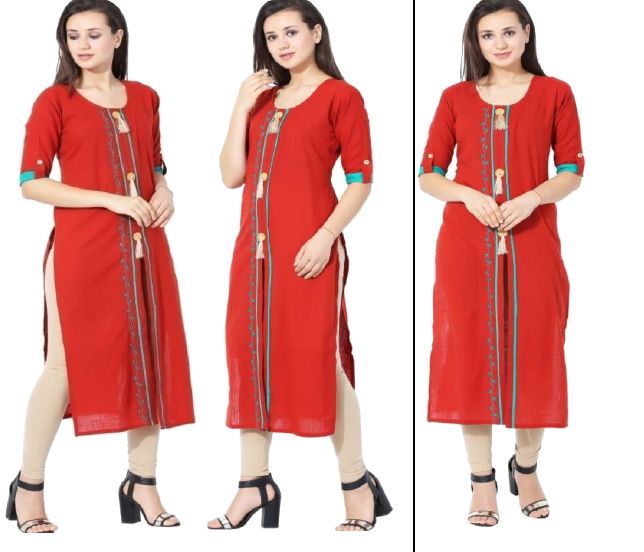 Rayon Red Embrderied Kurtis