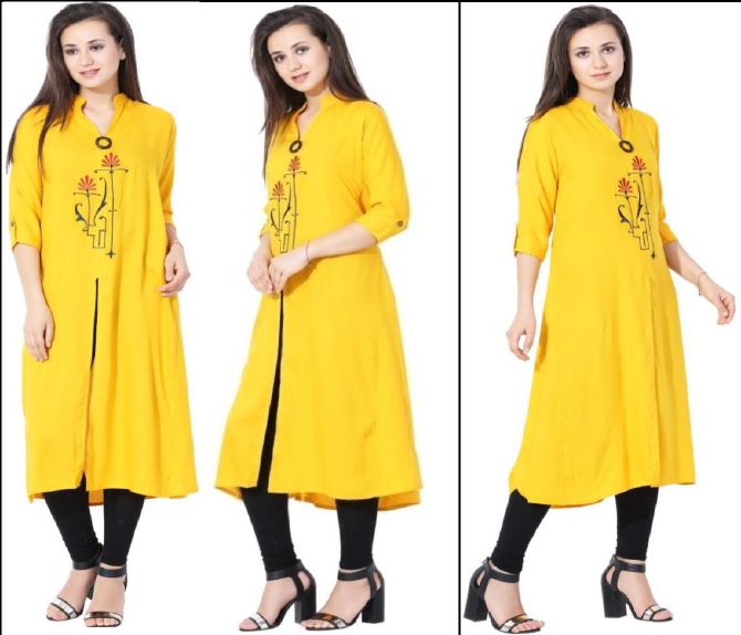 Rayon Yellow Embrderied Kurtis