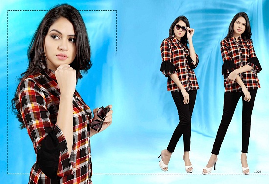 Rayon Ladies Check Shirt Top, for raning use, Collar Type : Multi