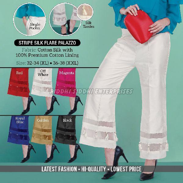 Cotton Slik Plain Stripe Silk Flare Palazzo, Size : 32-34 (XL), 36-38 (XXL)