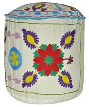 Embroidered Cotton Round Ottoman Cover