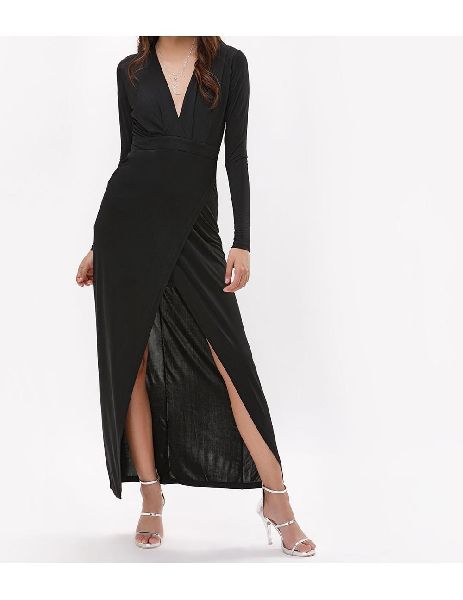 Black plunge front maxi dress