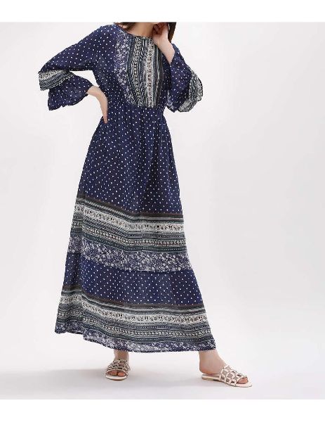 Long tier sleeve printed maxi dress, Feature : Anti-Static, Anti-wrinkle, Breathable, Eco-Friendly