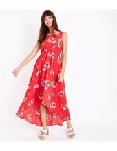 Red floral dip hem maxi dress