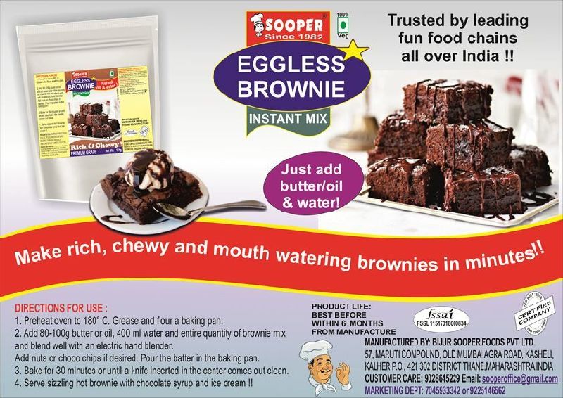 EGGLESS BROWNIE MIX 1 KG, for Cakes, Certification : FSSAI Certified