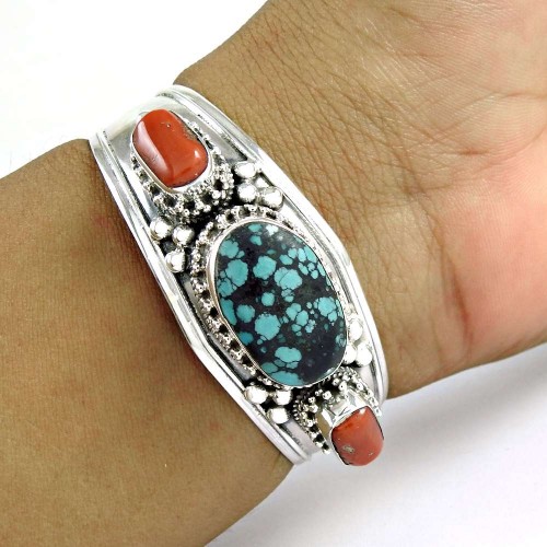 925 Sterling Silver Jewellery Rare Coral, Turquoise Gemstone Bangle