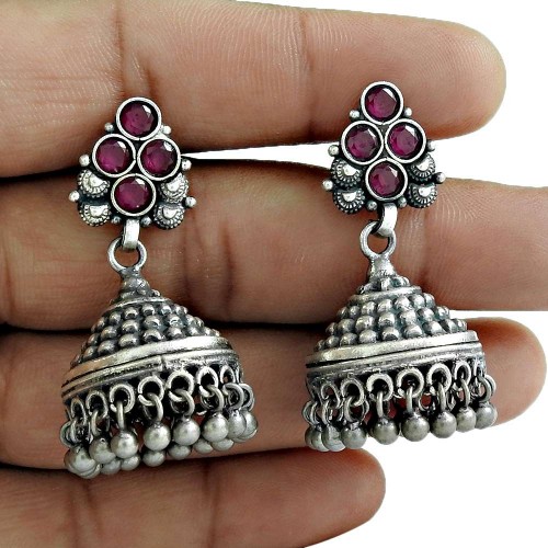 Antique Look 925 Oxidized Sterling Silver Ruby Gemstone Earring Vintage Jewelry