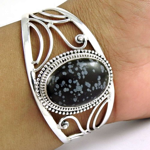 Classy ! Snowflake obsidian 925 Sterling Silver Bangle