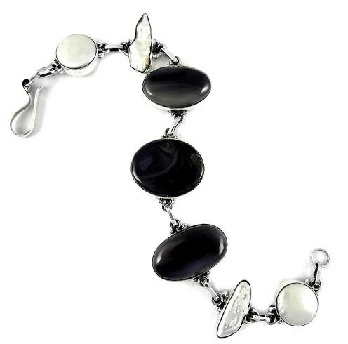 Natural Beauty !! 925 Sterling Silver Freshwater Pearl, South Sea Pearl, Botswana Agate Bracelet
