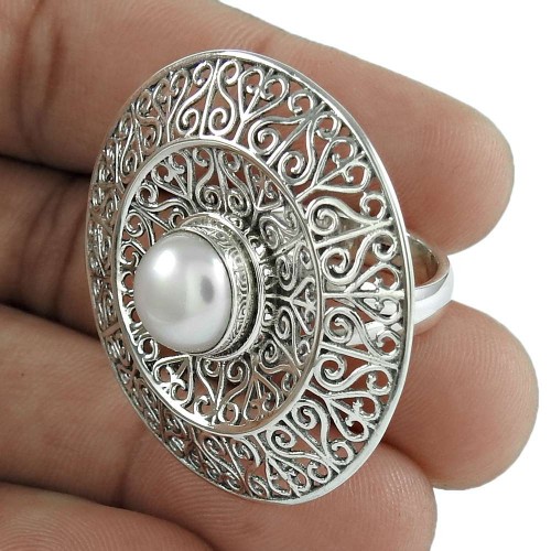 Pearl Gemstone Ring 925 Sterling Silver Ethnic Jewelry