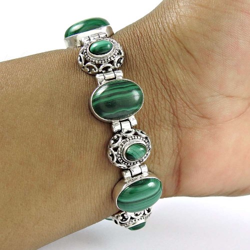 Pretty 925 Sterling Silver Malachite Gemstone Bracelet Jewelry