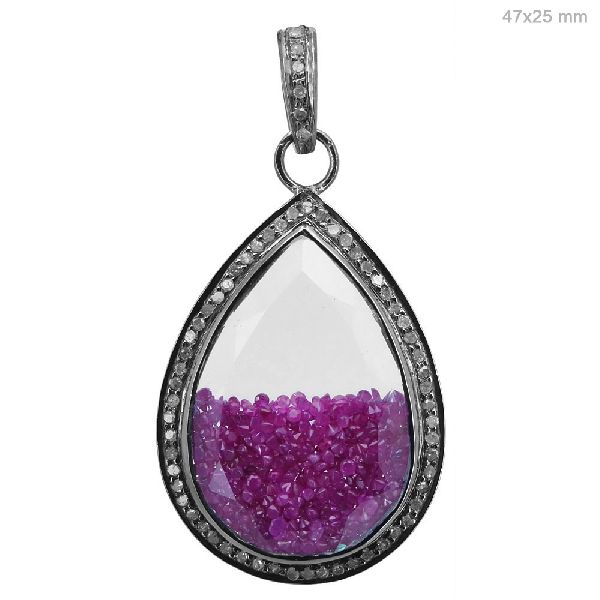 DIAMOND RUBY CRYSTAL SHAKER PENDANT, Size : 47x25 mm