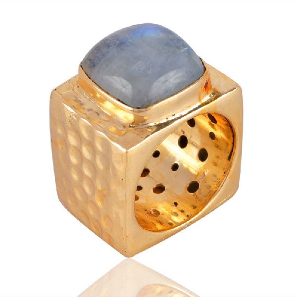 18K Gold Plated Rainbow Moonstone Hammered Handmade Ring