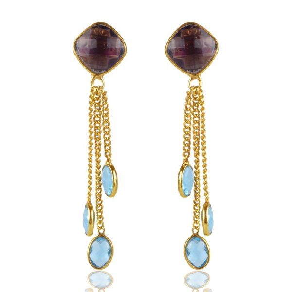 Amethyst And Sky Blue Topaz Colored Stone Gold Plated Silver Drop and Dangle Earring