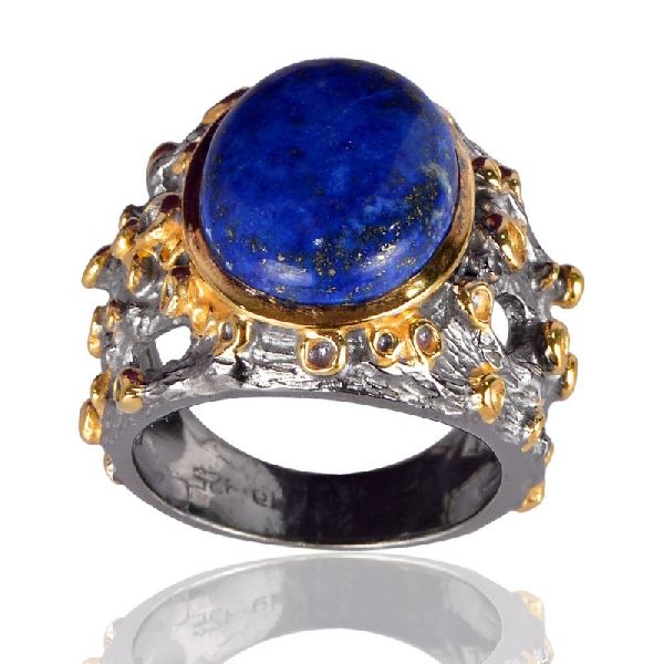 Black Rhodium and Yellow Gold Plated Silver and Lapis Mens Ring