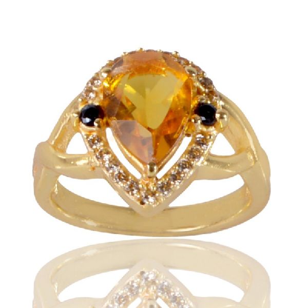 Black Spinal Yellow Gemstone and White Cubic Zirconia Gold Plated Fashion Ring