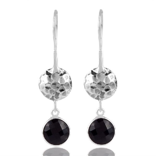 Black Stone Hammered Design Solid Silver Earring