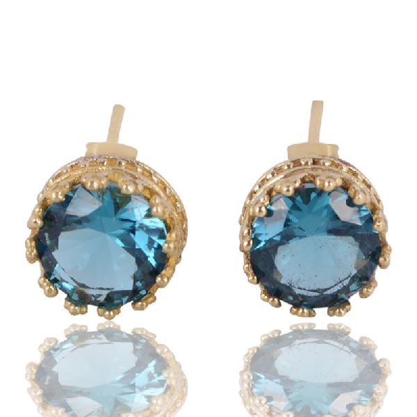 Blue Swarovski Glass Gold Vermeil Fashion Designer Post Earring