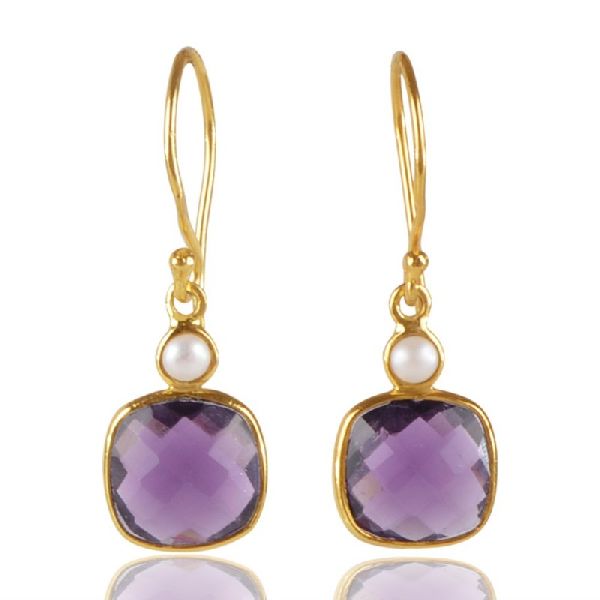Elegant Pearl And Purple Stone Gold Vermeil Sterling Silver Earring