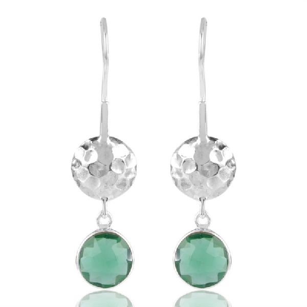 Green Stone Hammered Design 925 Solid Silver Earring