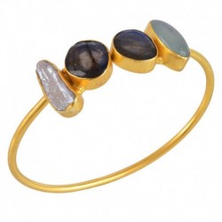 Labradorite Onyx and Biwa Pearl Gold Plated Fashion Bangle Bracelet