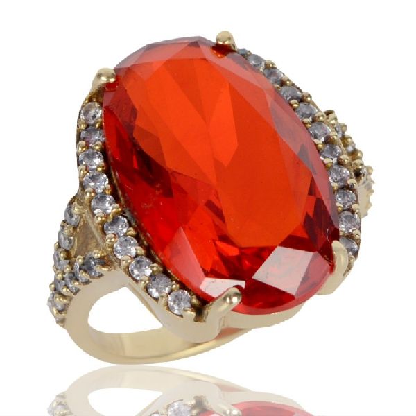 Orange Gemstone and White Cubic Zirconia Gold Plated Fashion Designer Ring