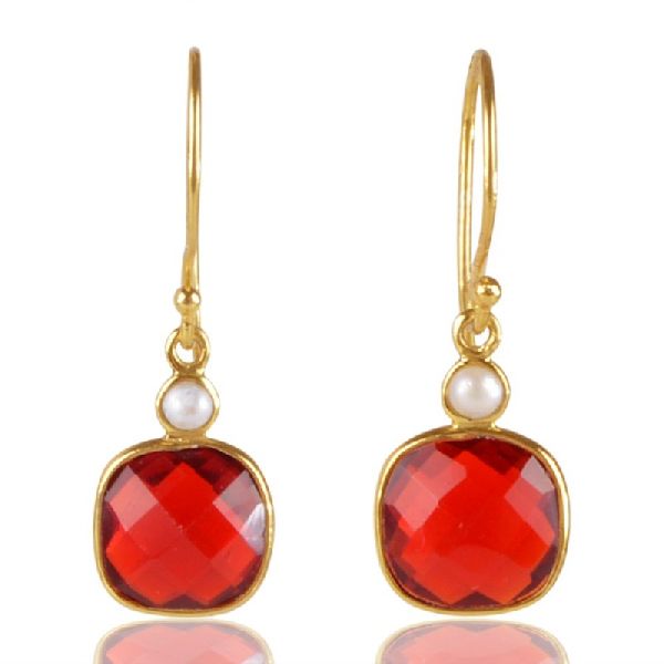 Pearl And Red Stone 925 Sterling Silver Gold Plated Earring