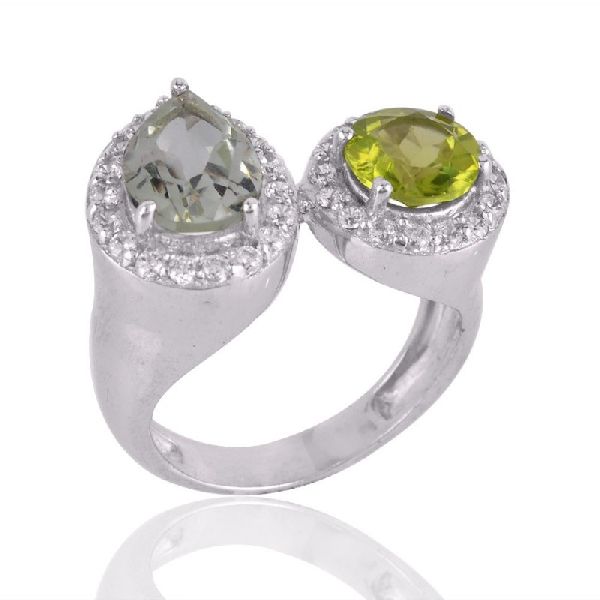 Peridot and Green Amethyst Silver CZ Cocktail Ring