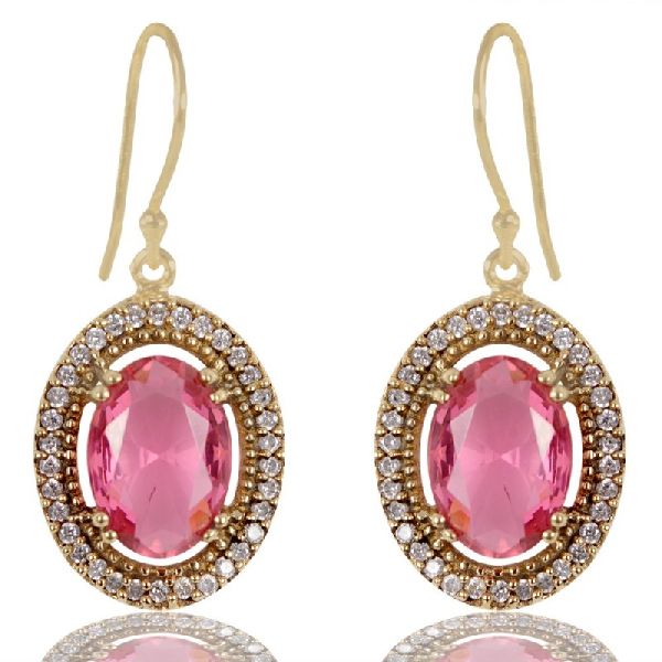 Pink Gemstone and White Cubic Zirconia Gold Plated Fashionable Earring