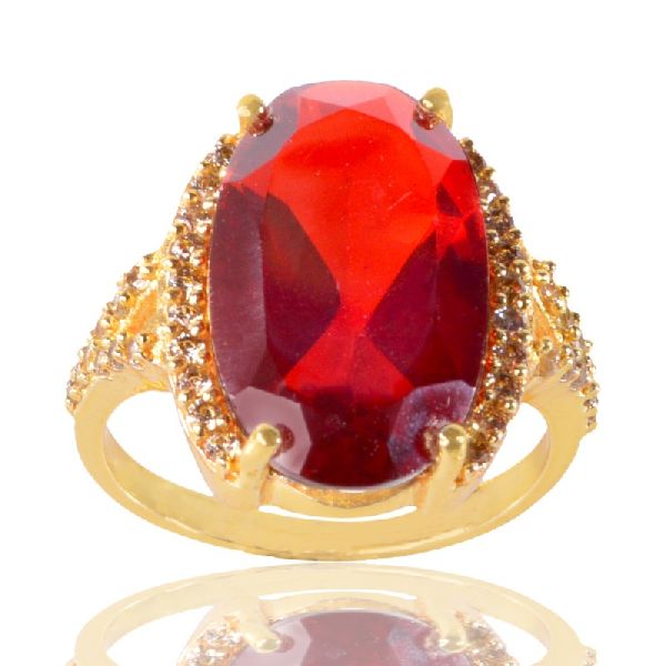 Red Gemstone and White Cubic Zirconia Gold Plated Fashion Ring