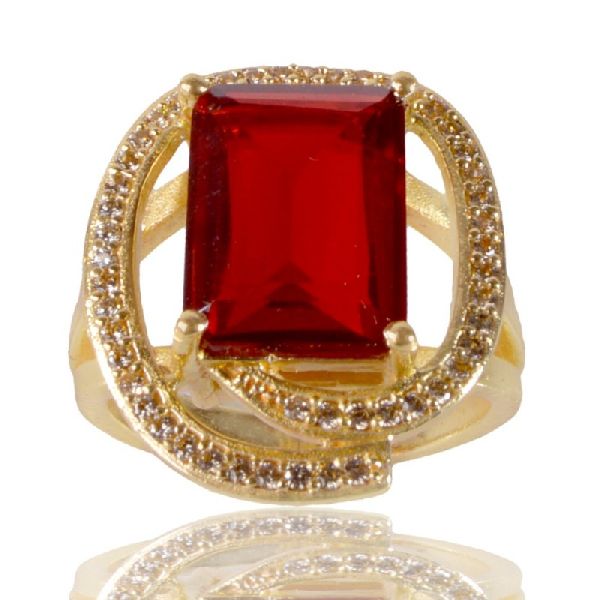 Red Gemstone and White Cubic Zirconia Gold Plated Designer Ring