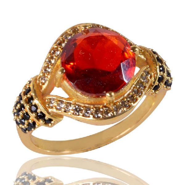 Red Gemstone Black Spinal Gemstone And White Cubic Zirconia Gold Plated Brass Ring