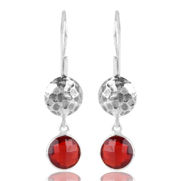 Red Stone Hammered Design 925 Sterling Silver Earring